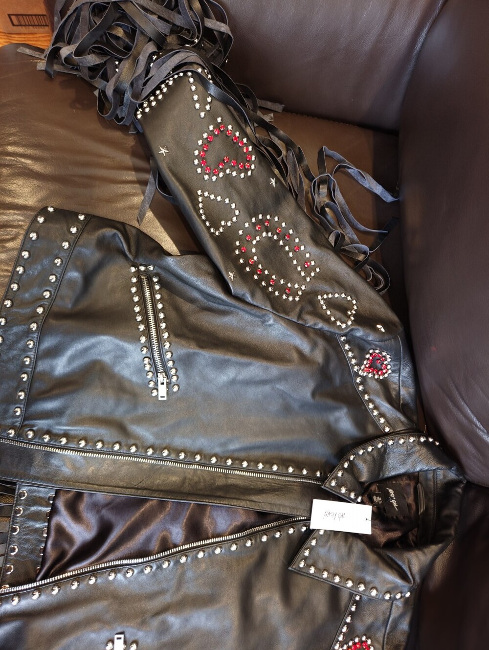 Nasty Gal Black Leather Fringe Jacket with Red Heart Studs - Picture 9 of 9